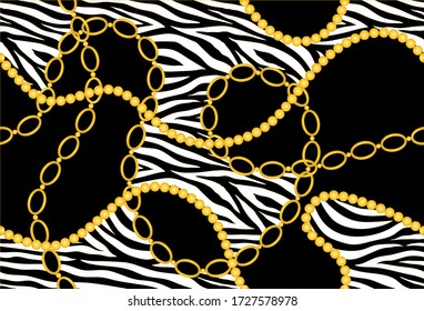 Seamless Golden Baroque Chains with Zebra Pattern.Vector design for Fashion Prints and Backgrounds.
