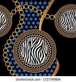 Seamless Golden Baroque Chains with Zebra Pattern.Vector design for Fashion Prints and Backgrounds.