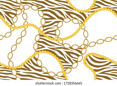 Seamless Golden Baroque Chains with Zebra Pattern.Vector design for Fashion Prints and Backgrounds.