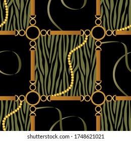 Seamless Golden Baroque Chains with Zebra Pattern.Vector design for Fashion Prints Textile Backgrounds.