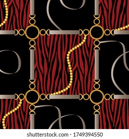 Seamless Golden Baroque Chains with Zebra Pattern.Vector design for Fashion Prints Textile Backgrounds.