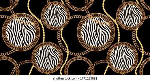 Seamless Golden Baroque Chains with Zebra Pattern.Vector design for Fashion Prints and Backgrounds.