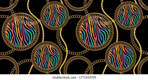 Seamless Golden Baroque Chains with Zebra Pattern.Vector design for Fashion Prints and Backgrounds.