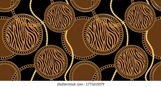Seamless Golden Baroque Chains with Zebra Pattern.Vector design for Fashion Prints and Backgrounds.