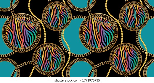 Seamless Golden Baroque Chains with Zebra Pattern.Vector design for Fashion Prints and Backgrounds.