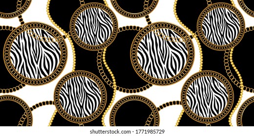 Impresionantes cadenas barrocas doradas con patrón de cebra.Diseño vectorial para impresiones y fondos de moda.