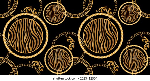 Seamless Golden Baroque Chains with Zebra Pattern. Vector design for Fashion Prints and Backgrounds.
