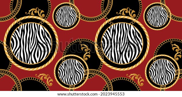 Seamless Golden Baroque Chains with Zebra Pattern. Vector design for Fashion Prints and Backgrounds. 