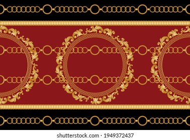Seamless golden baroque element with chains on a red background. EPS10 Illustration.
