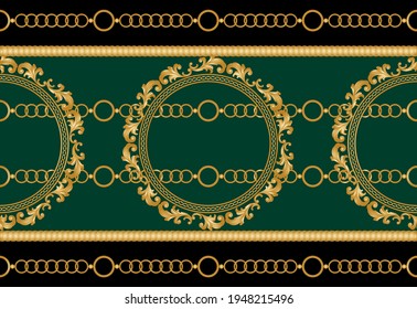 Seamless golden baroque element with greek chains on a green background. EPS10 Illustration.
