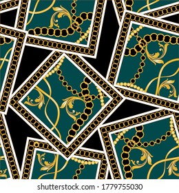 Seamless Golden Baroque Motif with Chains Pattern.Vector design for Fashion Prints and Backgrounds.