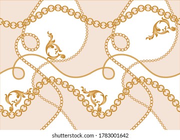 Seamless Golden Baroque Motif with Chains Pattern.Vector design for Fashion Prints and Backgrounds.