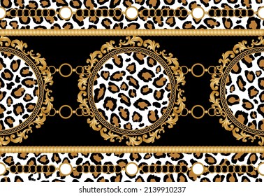 Seamless golden baroque pattern with animal skin. Vector Illustration.