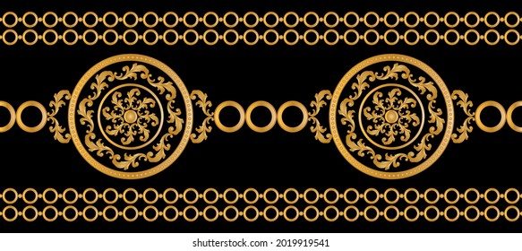 Seamless golden baroque pattern with chains on a black. Vector Illustration.