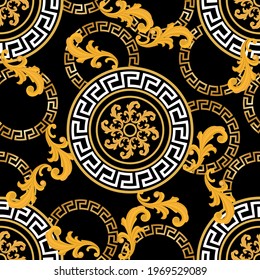 Seamless golden baroque pattern with greek motif on black background. EPS10 Illustration.