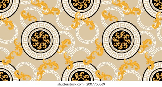 Seamless golden baroque pattern on a beige background.Vector Illustration. 