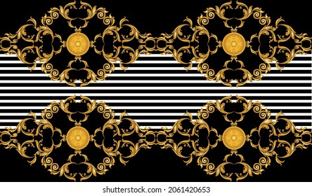 Patrón barroco dorado sobre negro. Diseño de vectores para impresiones y fondos de moda.
