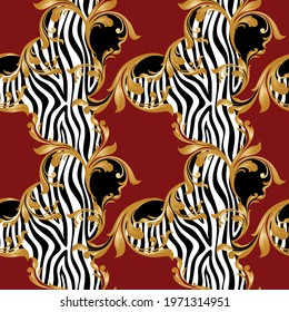 Seamless golden baroque with zebra pattern on a red background. EPS10 Illustration.