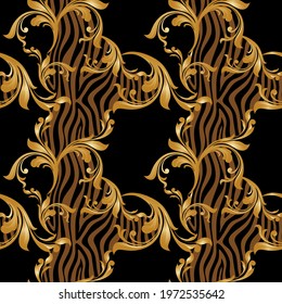 Seamless golden baroque with zebra pattern on a black background. EPS10 Illustration.