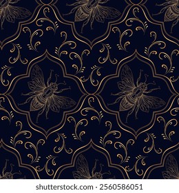 Seamless Golden Bee Pattern - Elegant Art Deco Vector Design with Ornamental Swirls, Floral Motifs, and Luxury Style on Dark Background, Perfect for Fabric, Wallpaper, Laser Cutting, and Stencils