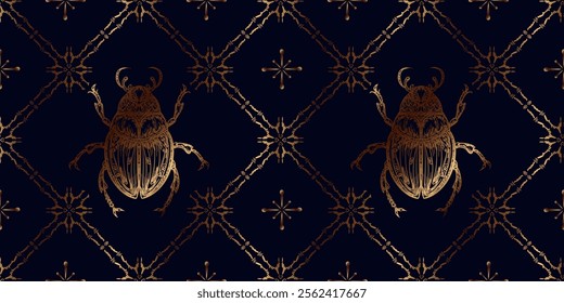 Seamless Golden Beetle Pattern - Elegant Art Deco Vector Design with Ornamental Swirls, Floral Motifs, and Luxury Style on Dark Background, Perfect for Fabric, Wallpaper, Laser Cutting, and Stencils