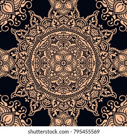 Seamless golden and black pattern with beautiful round pattern, indian style magical mandala, vector illustration