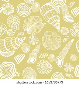 Seamless golden - black  pattern with sea shells