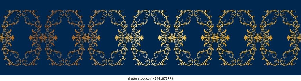 Seamless golden border of abstract flowers on elegant dark blue background for decorative ornament.