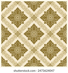 Seamless golden brown diamond shape square background. Luxury retro Thai art pattern in Damask style. Decorative design element for textile, tiles, poster, wall, wallpaper. Vector illustration.