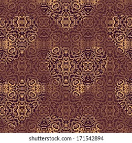 Seamless golden - brown laced vector pattern with ornamental hearts