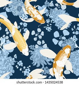 Seamless Golden Carp Pond Vector Pattern