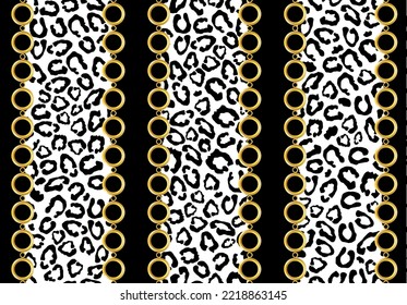 Seamless golden chain with animal skin pattern. Vector Illustration.