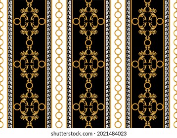 Seamless golden chain with baroque pattern on black. Vector Illustration.