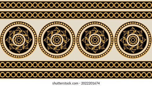 Seamless golden chain with baroque pattern on black. Vector Illustration.