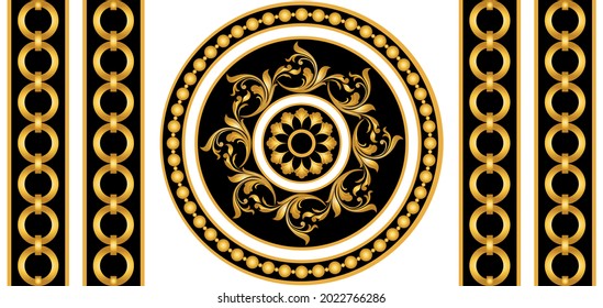 Seamless golden chain with baroque pattern on black. Vector Illustration.