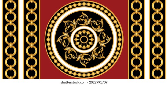 Seamless golden chain with baroque pattern on black. Vector Illustration.