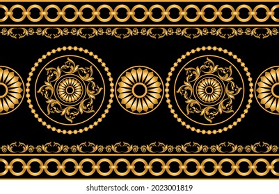 Seamless golden chain with baroque pattern on black. Vector Illustration.