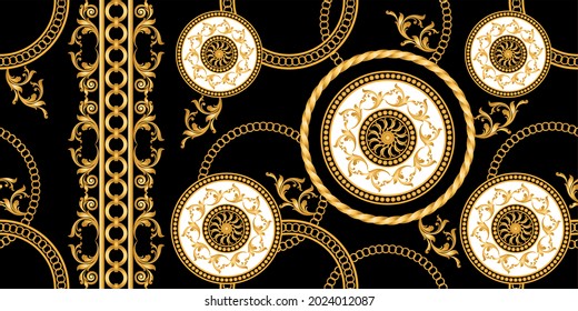 Seamless Golden Chain with Baroque Pattern. Vector design for Fashion Prints and Backgrounds.
