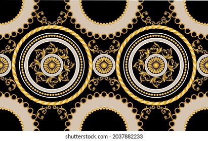 Seamless Golden Chain with Baroque Pattern on Black. Vector Illustration.
