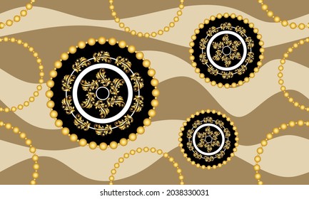 Cadena dorada sin foco con patrón barroco en beige. Ilustración vectorial.
