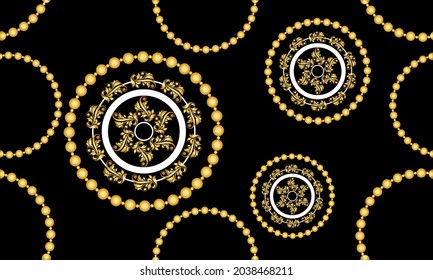 Seamless Golden Chain with Baroque Pattern on Black. Vector Illustration.
