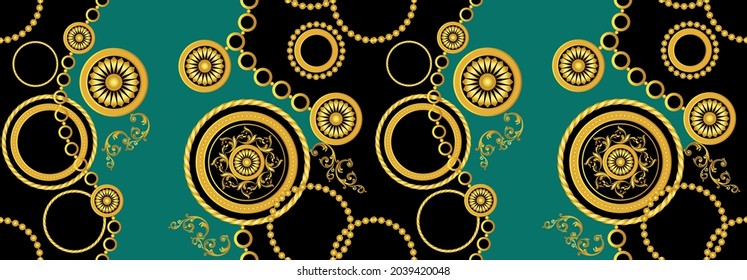 Seamless Golden Chain with Baroque Pattern on Black. Vector Illustration.

