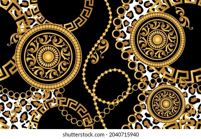 Seamless Golden Chain with Baroque Pattern on Black. Vector Illustration.

