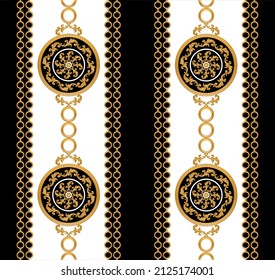 Seamless golden chain with baroque pattern on black. Vector Illustration.