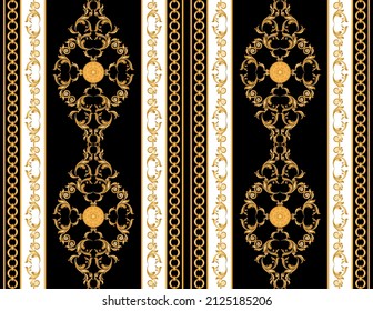 Seamless golden chain with baroque pattern on black. Vector Illustration.