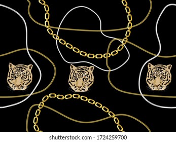 Seamless golden chain and leopard pattern. fashion print. leopard face. jewelry vector.