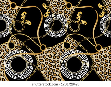 Seamless golden chain with leopard pattern.Vector design for fashion print and backgrounds.