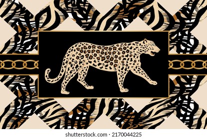 Cadena dorada sin foco con estampado de leopardo, cebra. Ilustración vectorial.