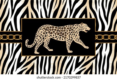 Cadena dorada sin foco con estampado de leopardo, cebra. Ilustración vectorial.