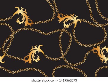 Seamless Golden Chain Pattern with Baroque Ornament; Wallpaper, Fabric, Fashion Print Design